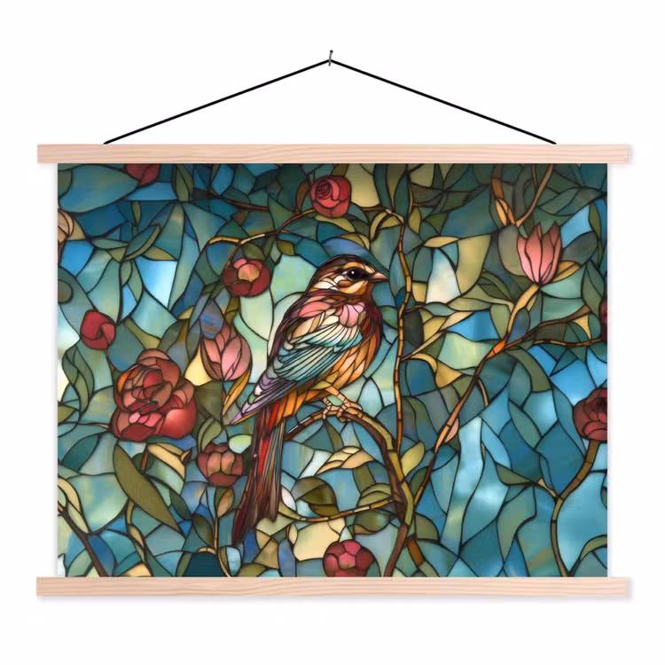 Vogel - Tak - Rozen - Mozaïek textielposter latten blank klein -3d