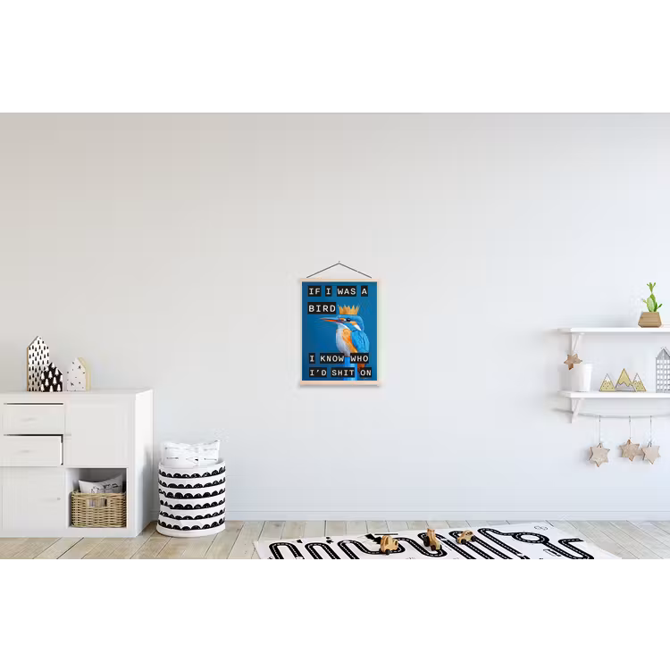 Vogel - Decoratie - Ijsvogel - Blauw textielposter latten blank klein -kinderkamer
