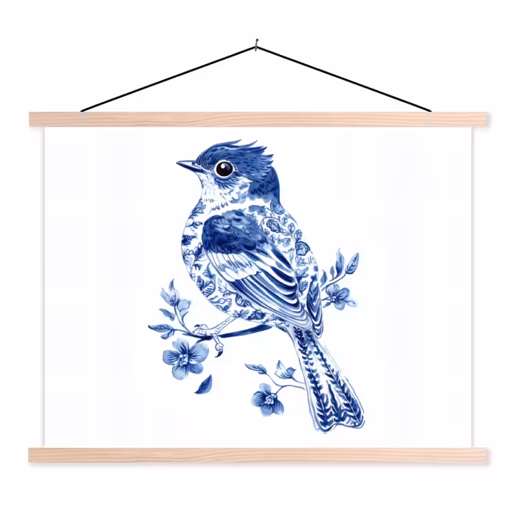 Vogel - Delfts blauw - Illustratie - Bloemen textielposter latten blank klein -3d