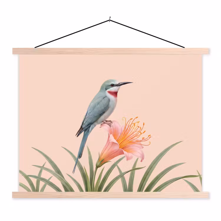Vogel - Bloem - Natuur - Roze textielposter latten blank klein -3d