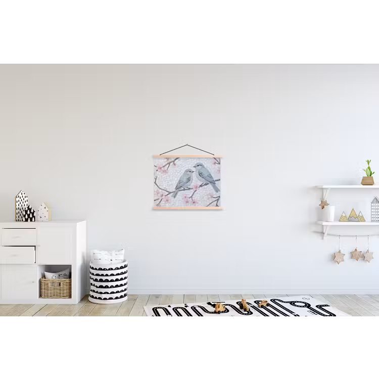 Vogel - Bloemen - Natuur - Mozaïek - Roze textielposter latten blank klein -kinderkamer