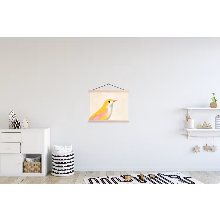 Vogel - Minimalistisch - Geel textielposter latten blank klein -kinderkamer