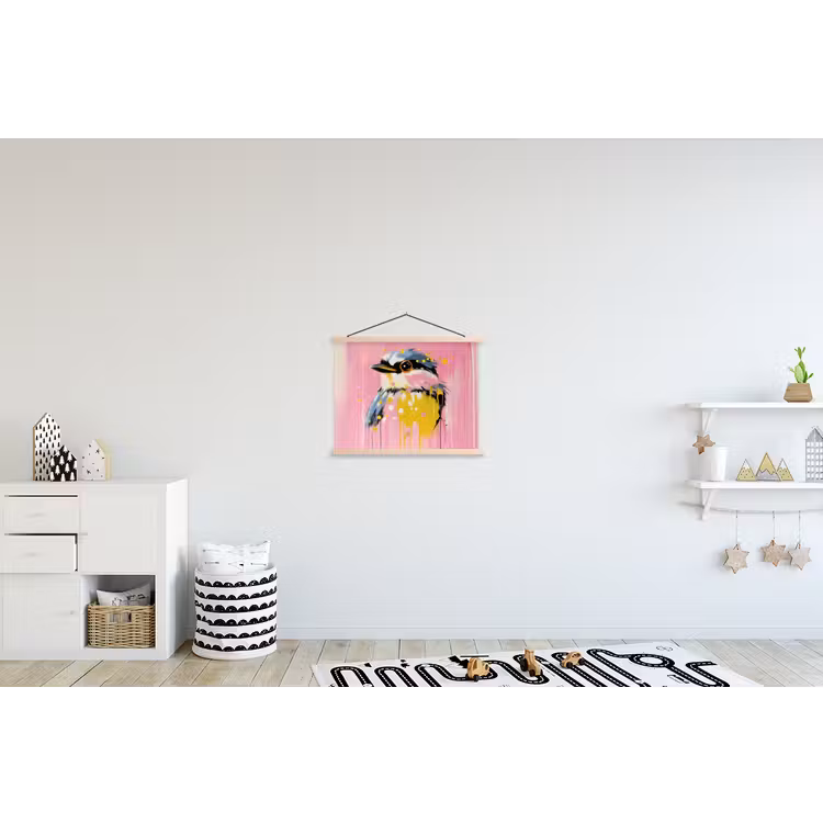 Vogel - Roze - Geel - Blauw textielposter latten blank klein -kinderkamer