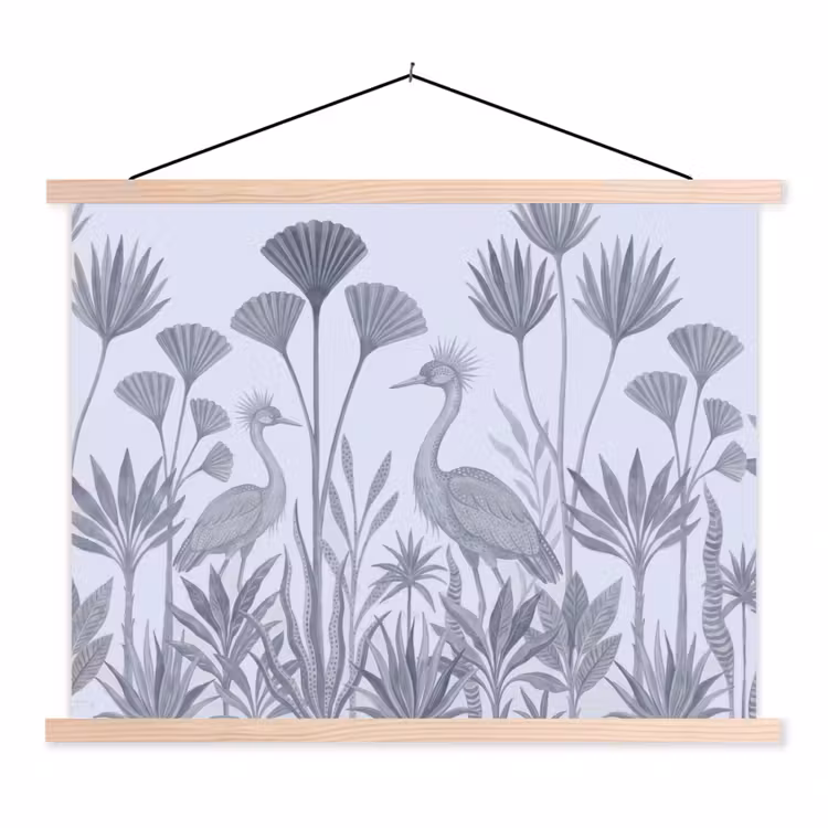 Vogel - Tropisch - Illustratie - Blauwgrijs - Natuur textielposter latten blank klein -3d