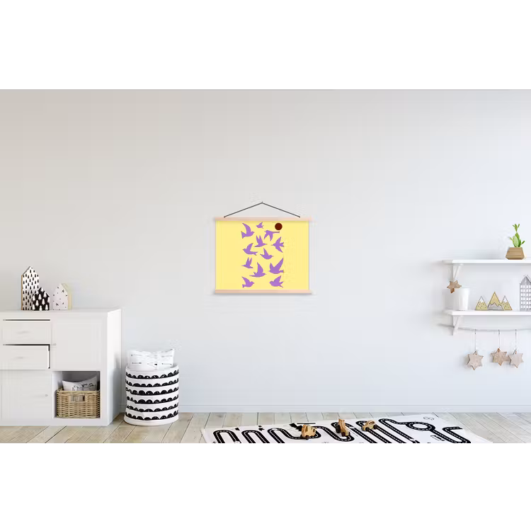 Vogels - Cirkel - Geel - Beweging textielposter latten blank klein -kinderkamer