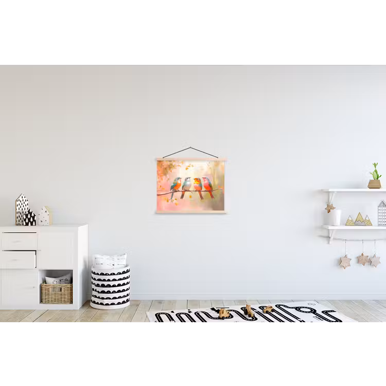 Vogels - Kleurrijk - Tak textielposter latten blank klein -kinderkamer