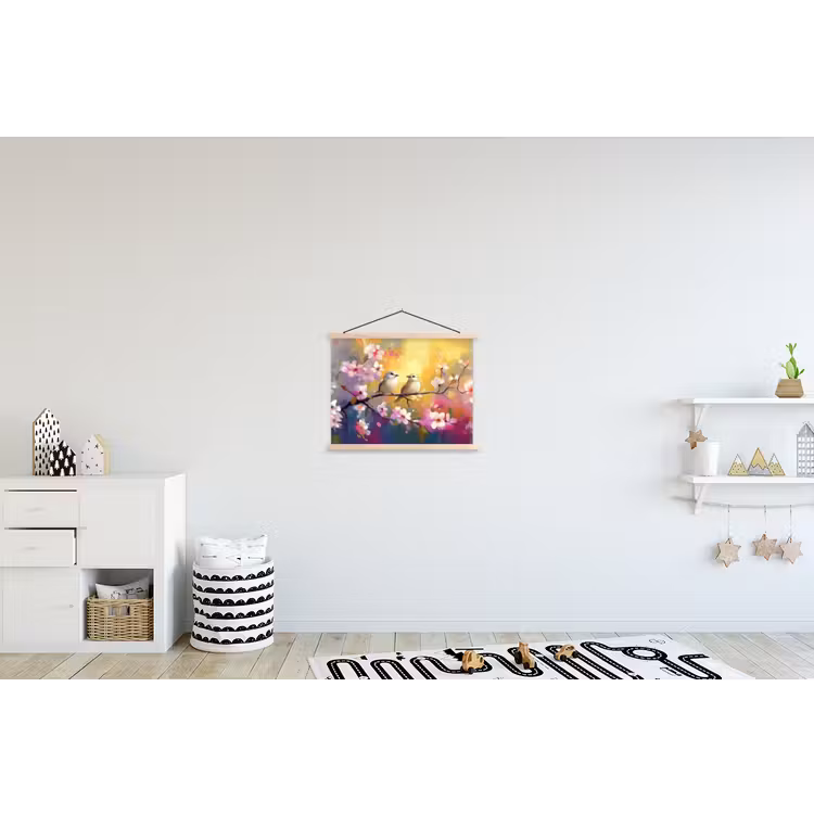 Vogels - Bloemen - Roze textielposter latten blank klein -kinderkamer