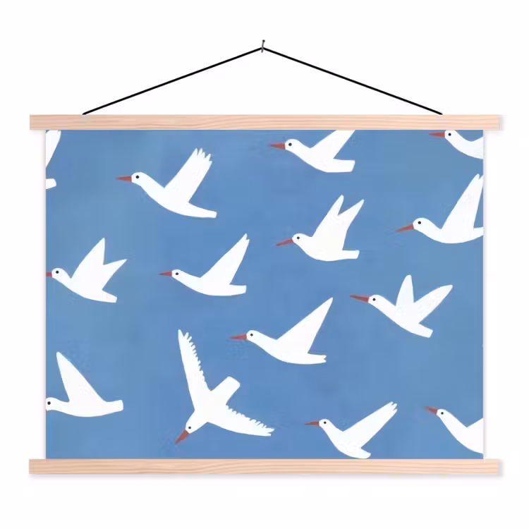 Vogels - Wit - Patroon textielposter latten blank klein -3d