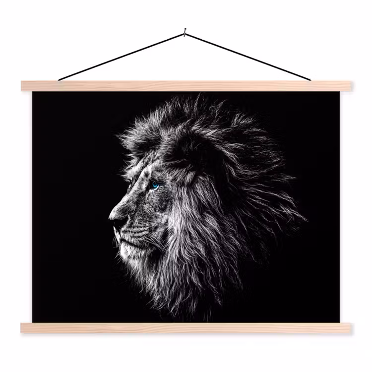 Zwart Wit - Leeuw - Kop - Dieren textielposter latten blank klein -3d