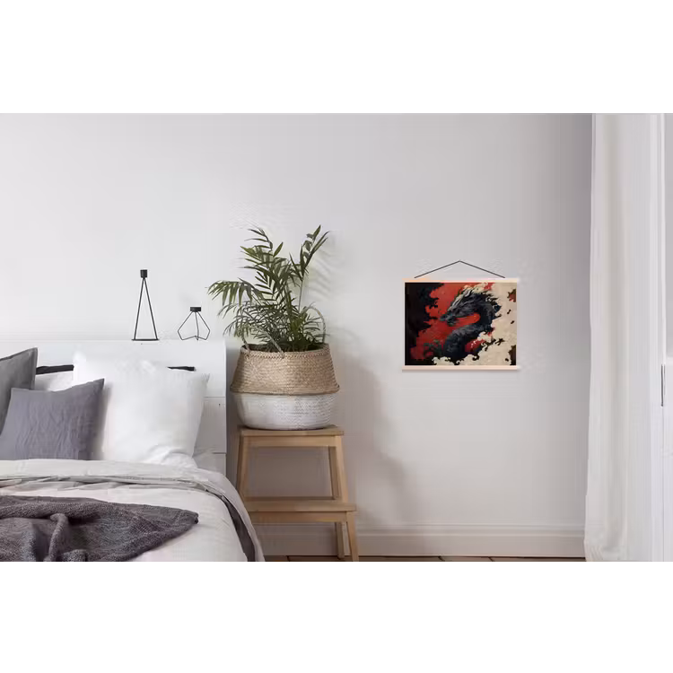 Zwarte draak - Rookwolken - Rood textielposter latten blank klein -woonkamer