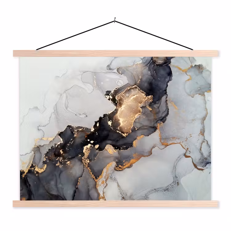 Zwart - Marmer - Luxe - Goud textielposter latten blank klein -3d