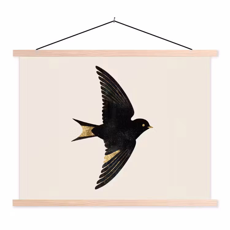 Zwarte zwaluw - Gouden accenten - Lichte achtergrond textielposter latten blank klein -3d