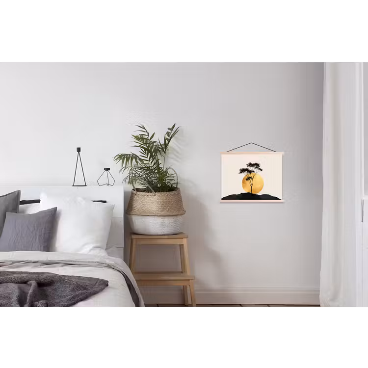 Zwarte boom - Gouden cirkel - Heuvel textielposter latten blank klein -woonkamer