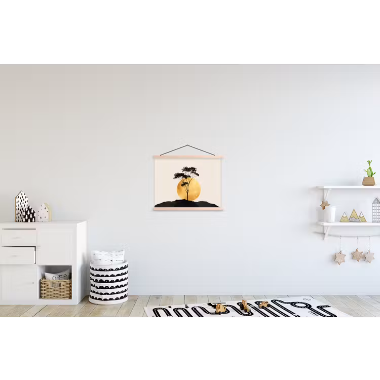 Zwarte boom - Gouden cirkel - Heuvel textielposter latten blank klein -kinderkamer