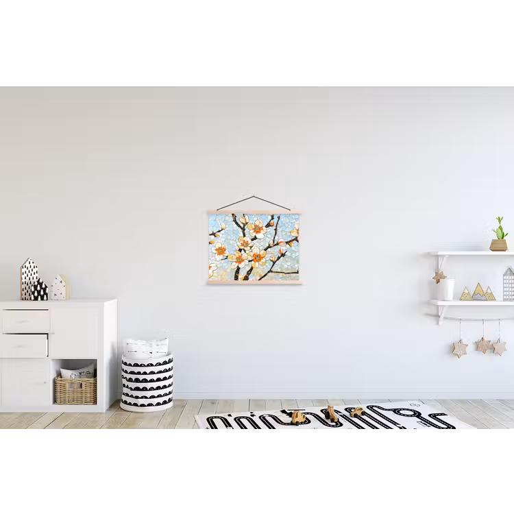 Bloesems - Wit - Mozaïek - Tak textielposter latten blank klein -kinderkamer