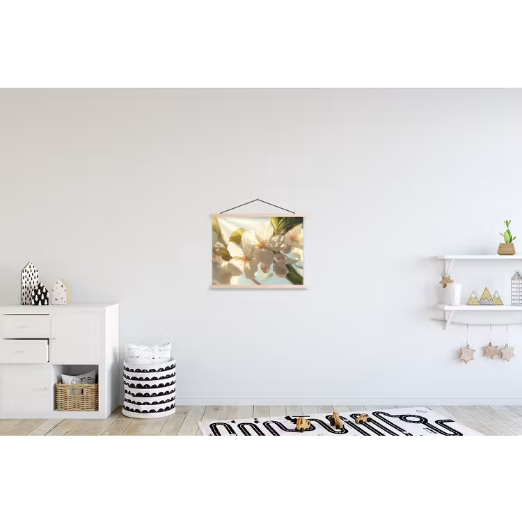 Bloesems - Wit - Zonnestralen -  Bloemblaadjes textielposter latten blank klein -kinderkamer