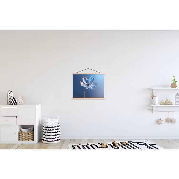 Blauw - Bloem - Glazen - Sierlijk textielposter latten blank klein -kinderkamer
