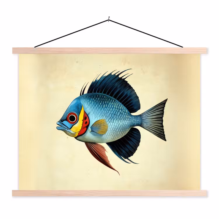 Blauw - Kieuwen - Vis - Illustratie textielposter latten blank klein -3d