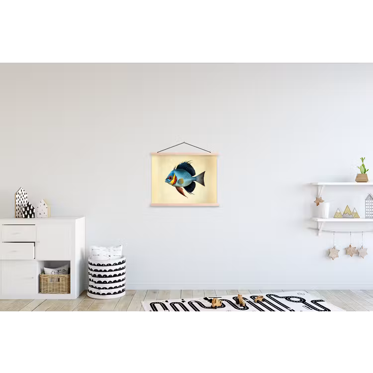 Blauw - Kieuwen - Vis - Illustratie textielposter latten blank klein -kinderkamer