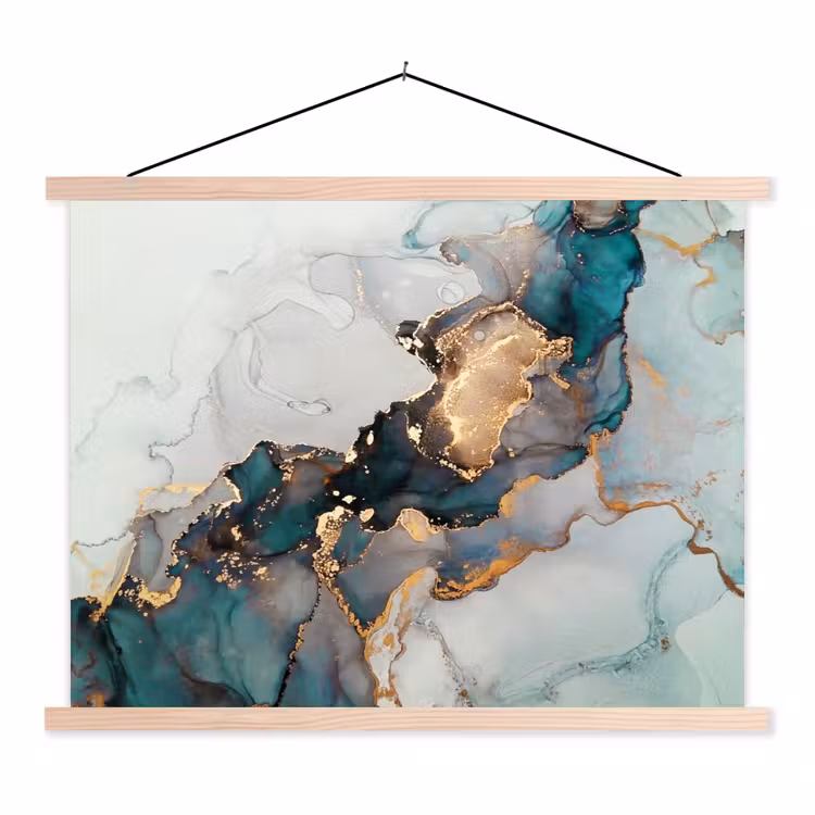 Blauw - Marmer - Goud textielposter latten blank klein -3d