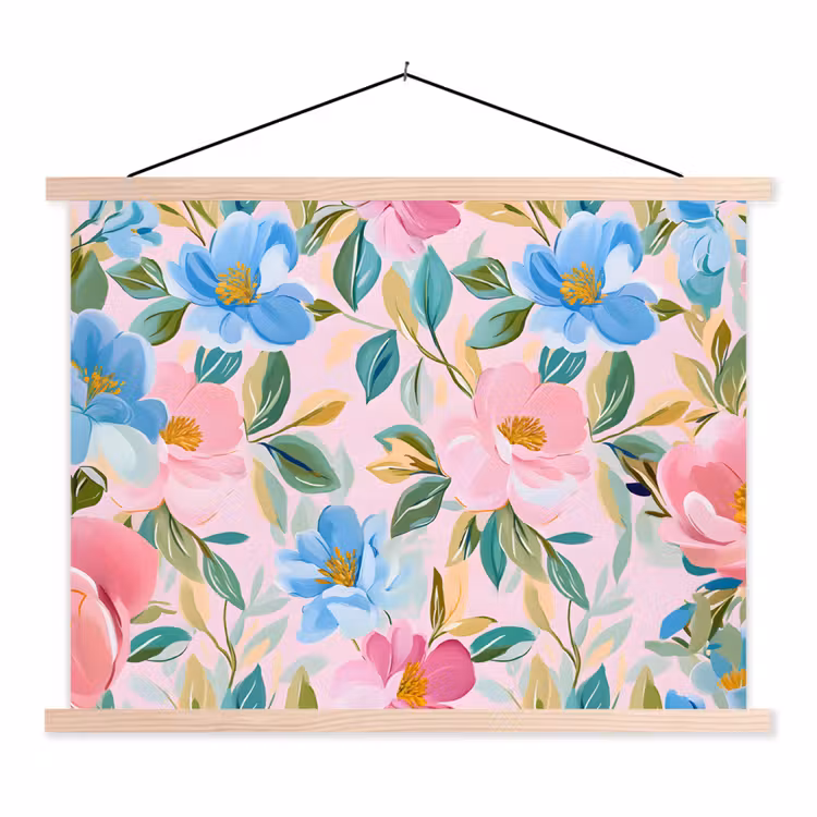 Blauw - Roze - Bloemen textielposter latten blank klein -3d