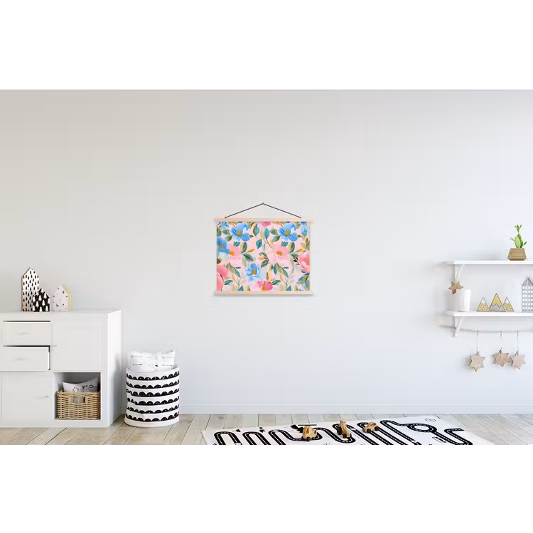 Blauw - Roze - Bloemen textielposter latten blank klein -kinderkamer
