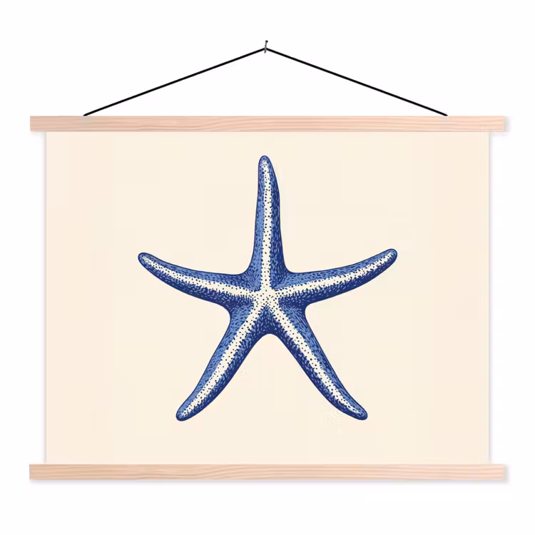 Blauwe zeester - Minimalistisch - Beige textielposter latten blank klein -3d