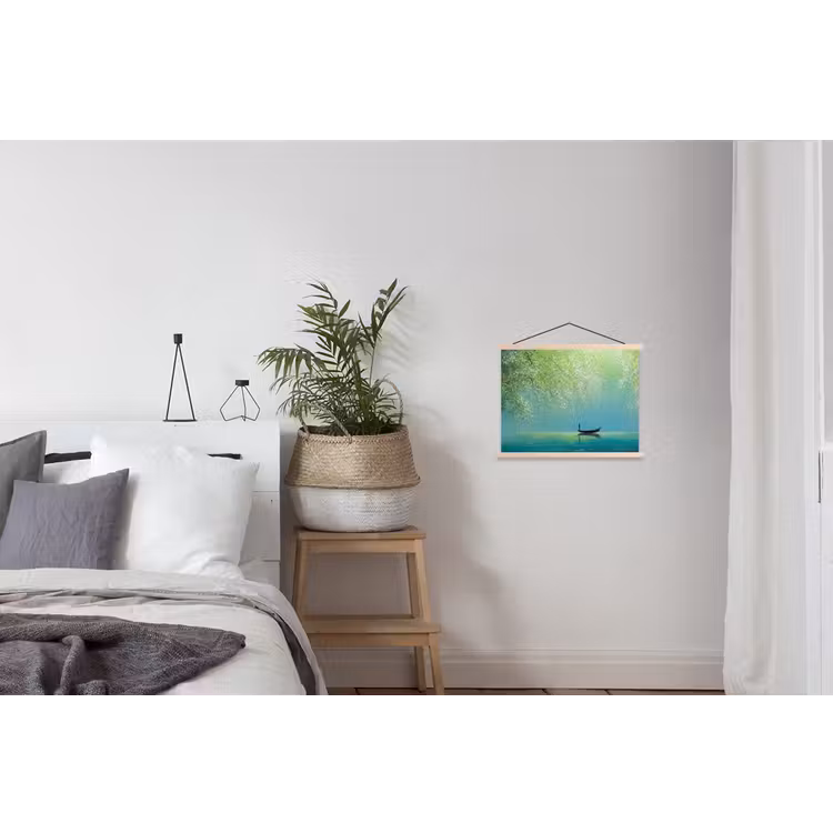 Bootje - Water - Bladeren - Bloesems textielposter latten blank klein -woonkamer