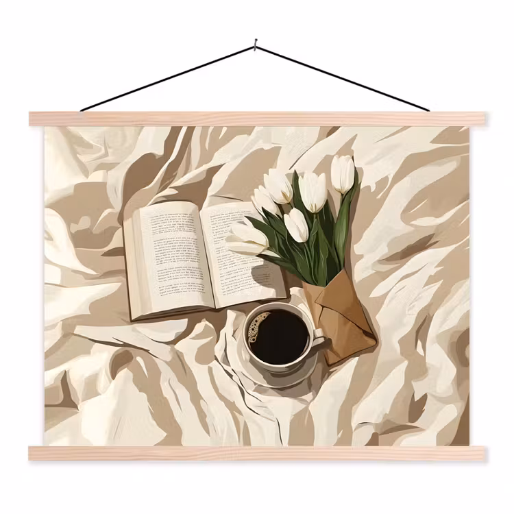 Boek - Illustratie - Tulpen - Koffie textielposter latten blank klein -3d