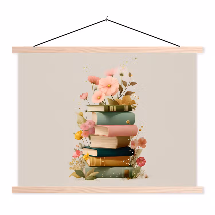 Boeken - Stapel - Bloemen - Kleurrijk textielposter latten blank klein -3d