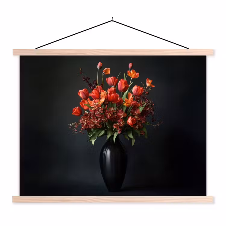 Boeket - Tulpen - Vaas - Rood textielposter latten blank klein -3d