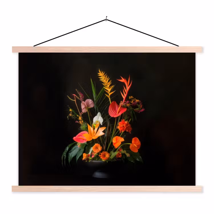 Schaal - Boeket - Bloemen textielposter latten blank klein -3d