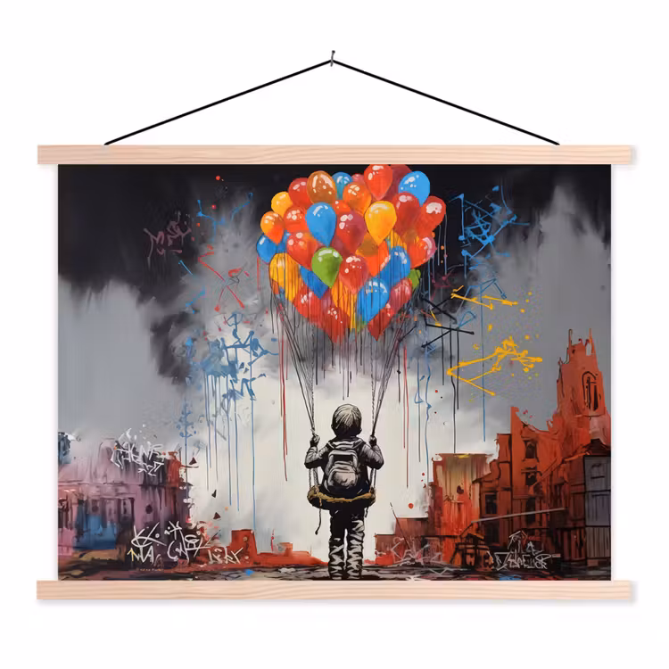 Jongen - Ballonnen - Gebouwen - Kunst textielposter latten blank klein -3d