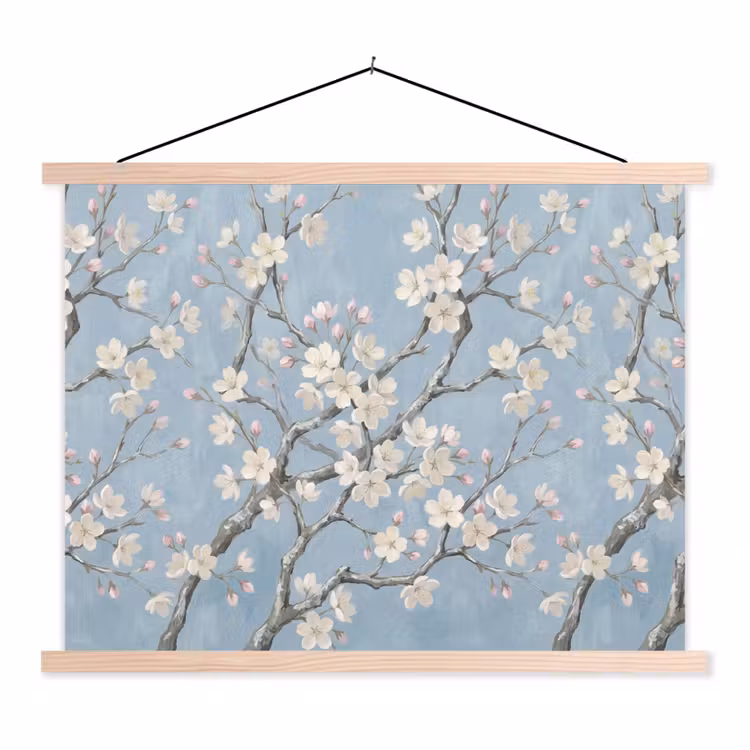 Takken - Kersenbloesem - Blauw textielposter latten blank klein -3d