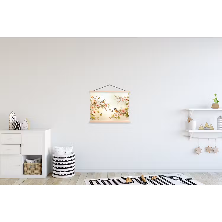 Takken - Bloemen - Vogeltjes - Roze textielposter latten blank klein -kinderkamer
