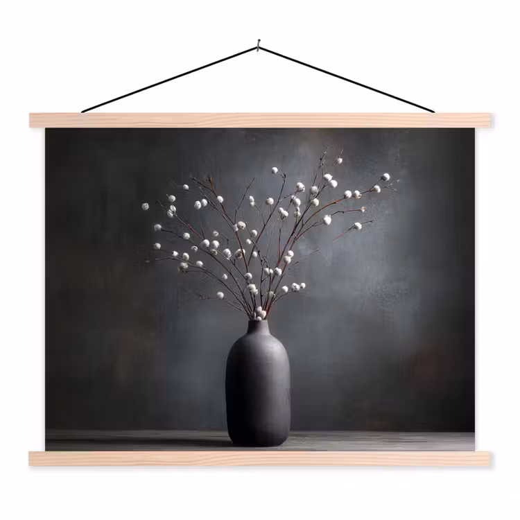 Takken - Vaas - Bolletjes - Wit textielposter latten blank klein -3d