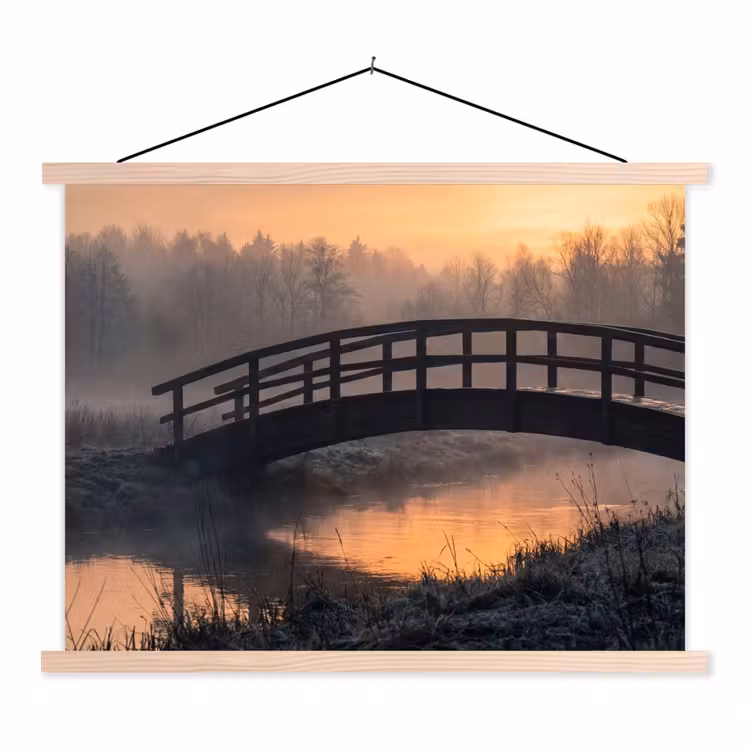 Brug - Mist - Bomen - Water textielposter latten blank klein -3d