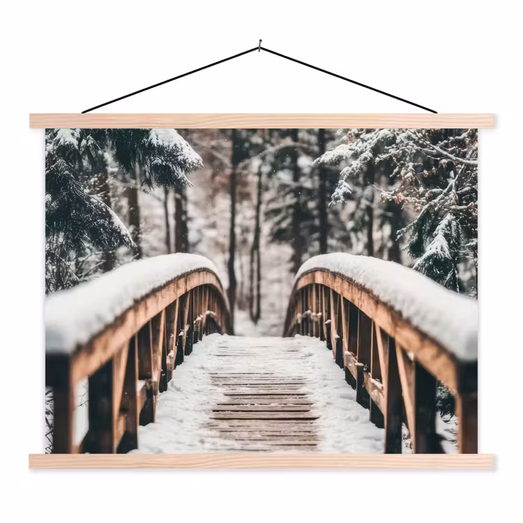 Brug - Winterlandschap - Bos - Natuur - Sneeuw textielposter latten blank klein -3d