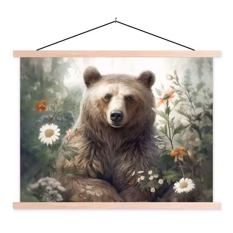 Bruine beer - Wilde dieren - Bloemen - Planten textielposter latten blank klein -3d