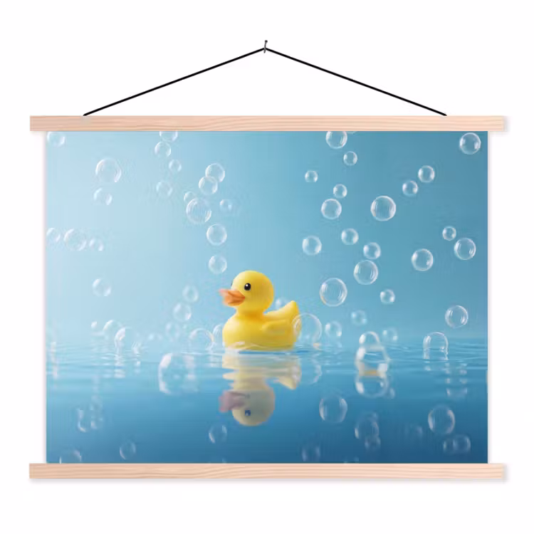 Bubbels - Badeend - Geel textielposter latten blank klein -3d