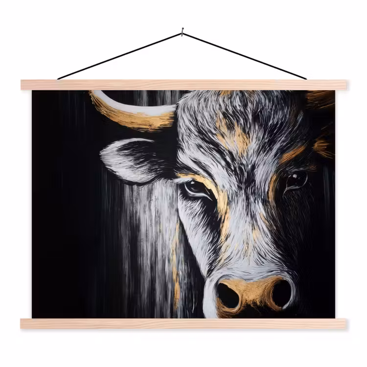Stier - Hoorns - Snuit - Goud textielposter latten blank klein -3d