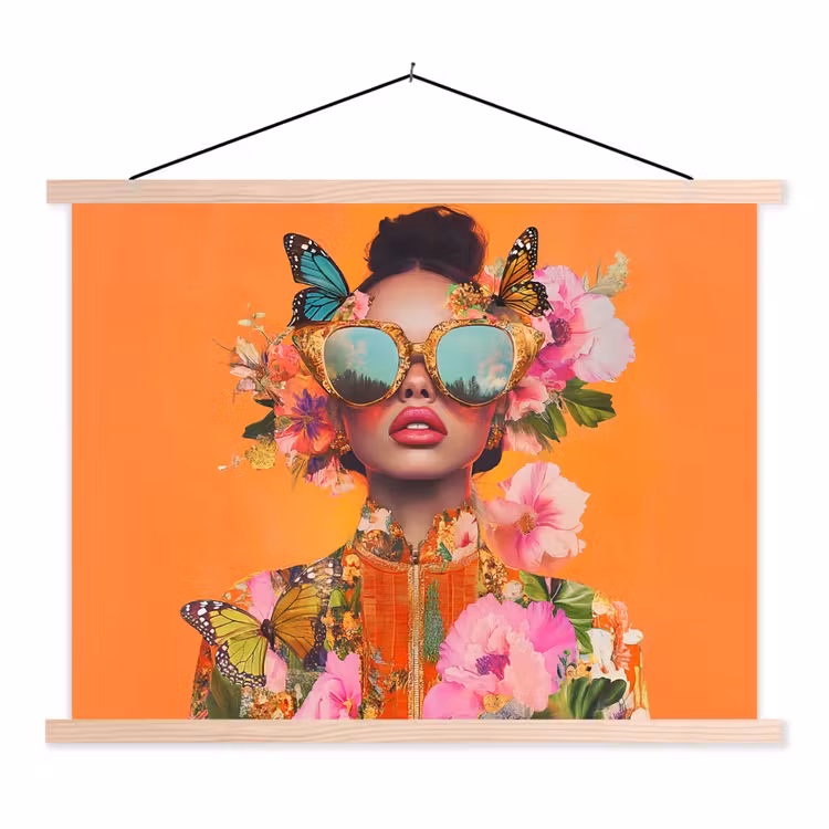 Vlinders - Vrouw - Zonnebril - Kleurrijk textielposter latten blank klein -3d