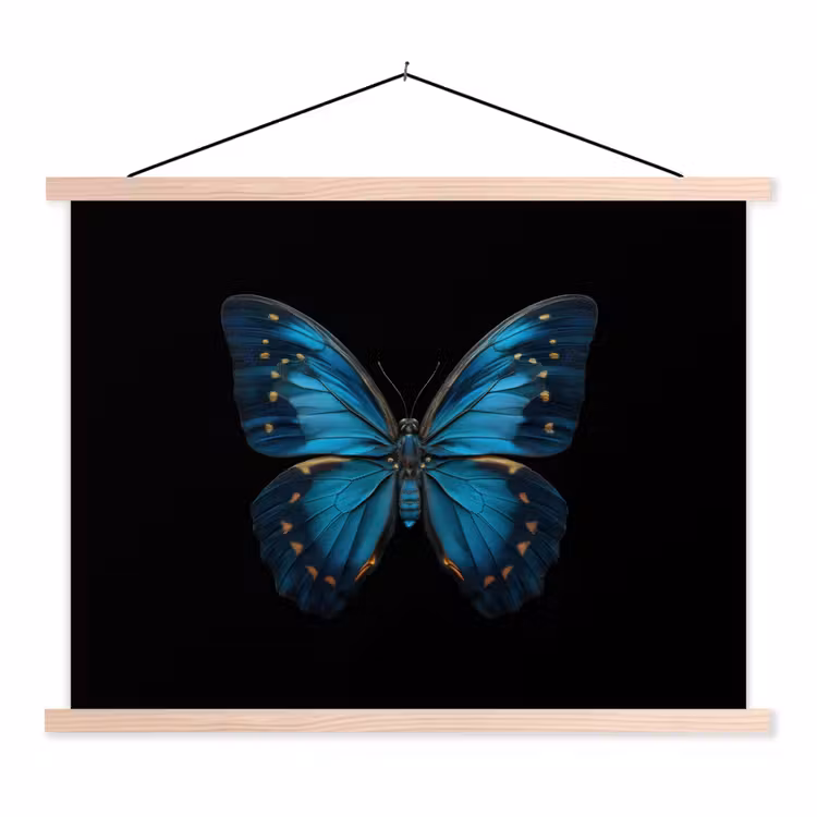Vlinder - Blauw - Contrast textielposter latten blank klein -3d