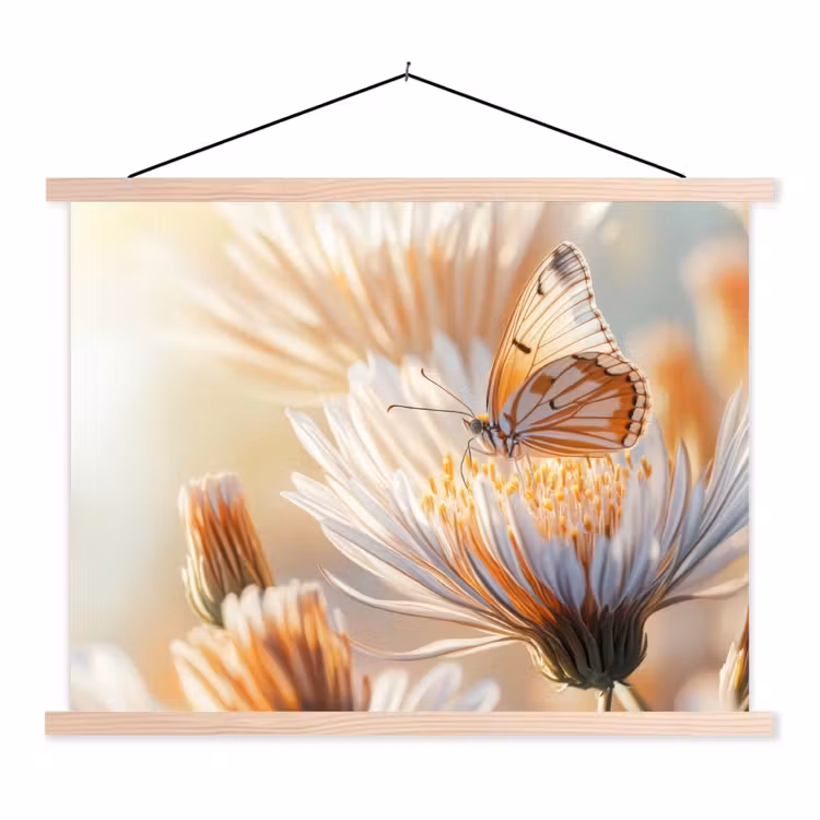 Vlinder - Bloem - Oranje textielposter latten blank klein -3d