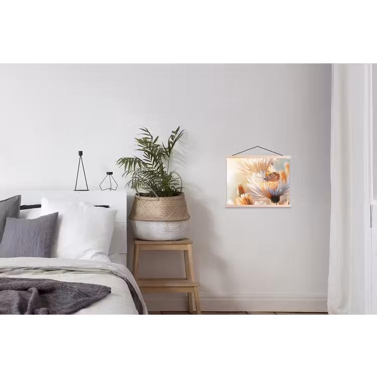 Vlinder - Bloem - Oranje textielposter latten blank klein -woonkamer