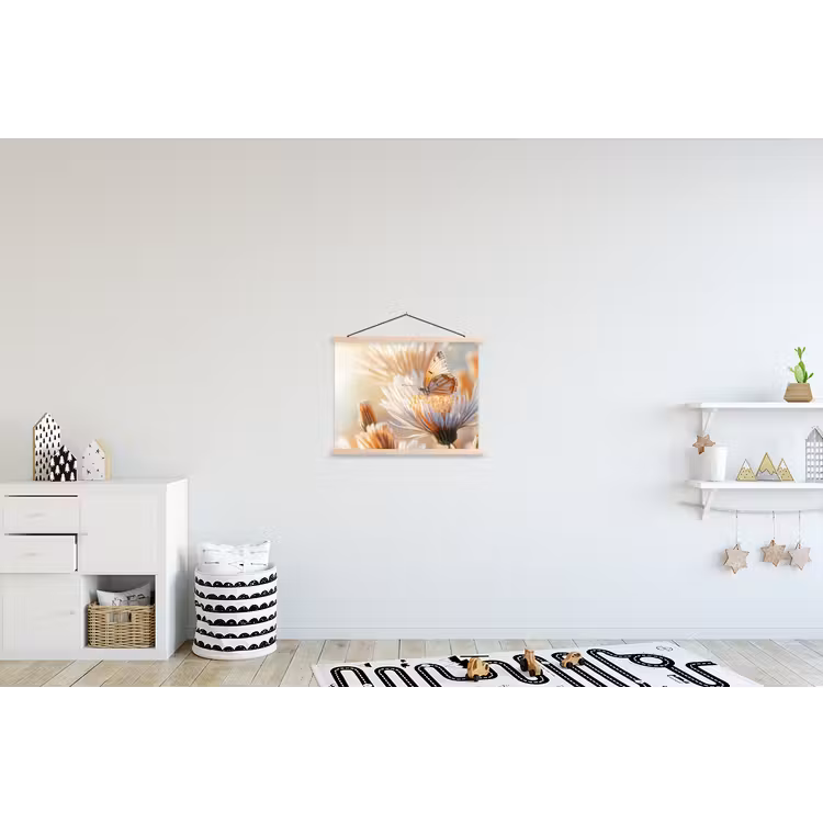 Vlinder - Bloem - Oranje textielposter latten blank klein -kinderkamer
