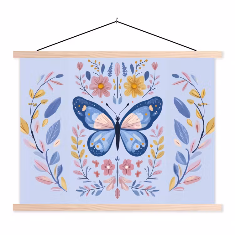 Vlinder - Lichtblauw - Sierlijk - Bloemen textielposter latten blank klein -3d