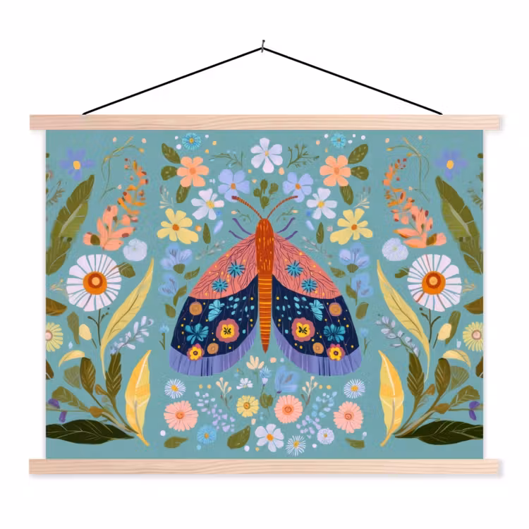 Vlinder - Sierlijk - Bloemen - Bladeren textielposter latten blank klein -3d