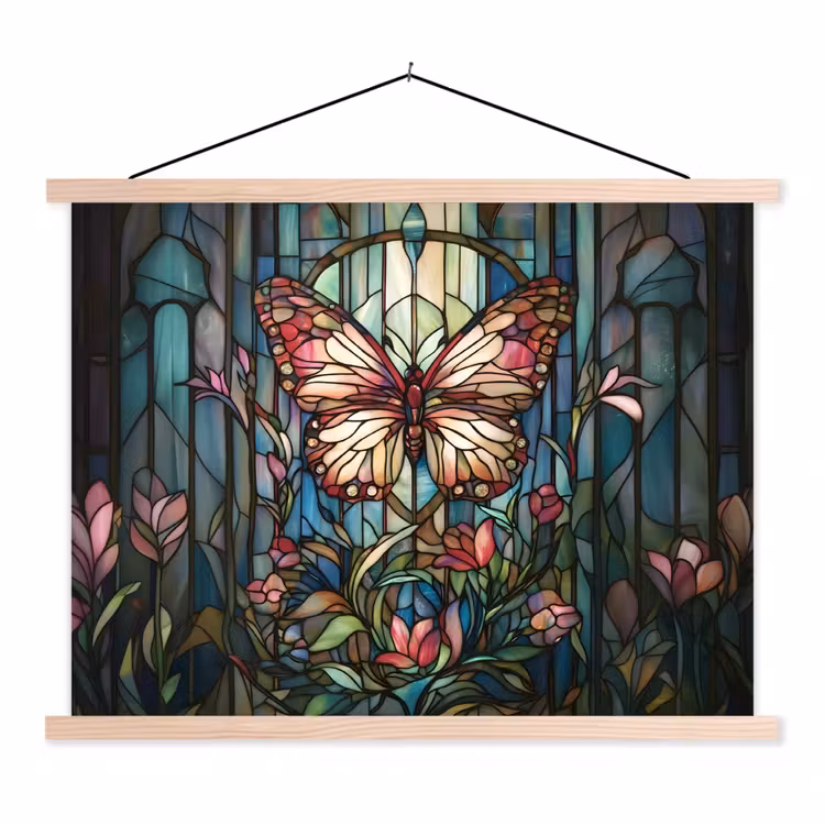 Vlinder - Roze - Bloemen - Bladeren textielposter latten blank klein -3d