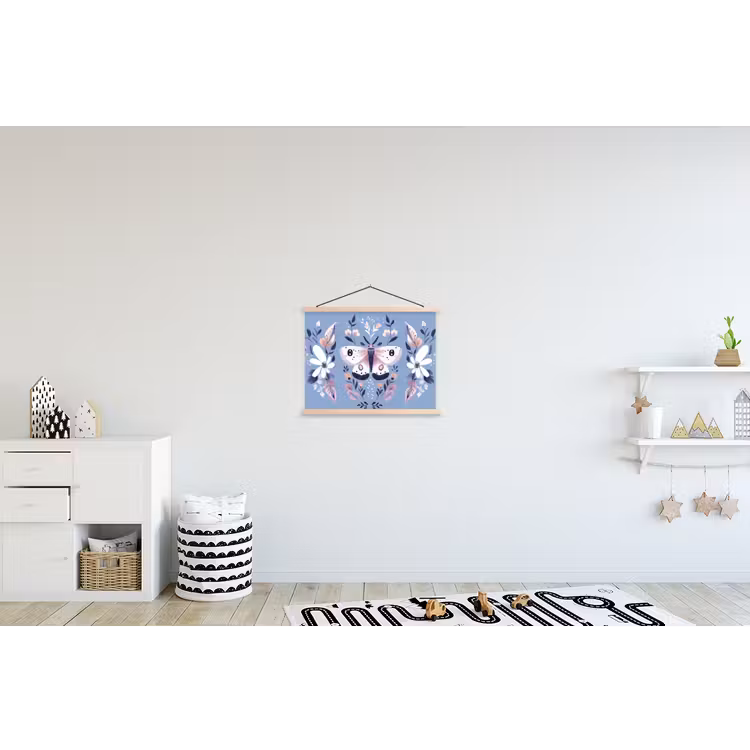 Vlinder - Vleugels - Stippen - Bloemen textielposter latten blank klein -kinderkamer